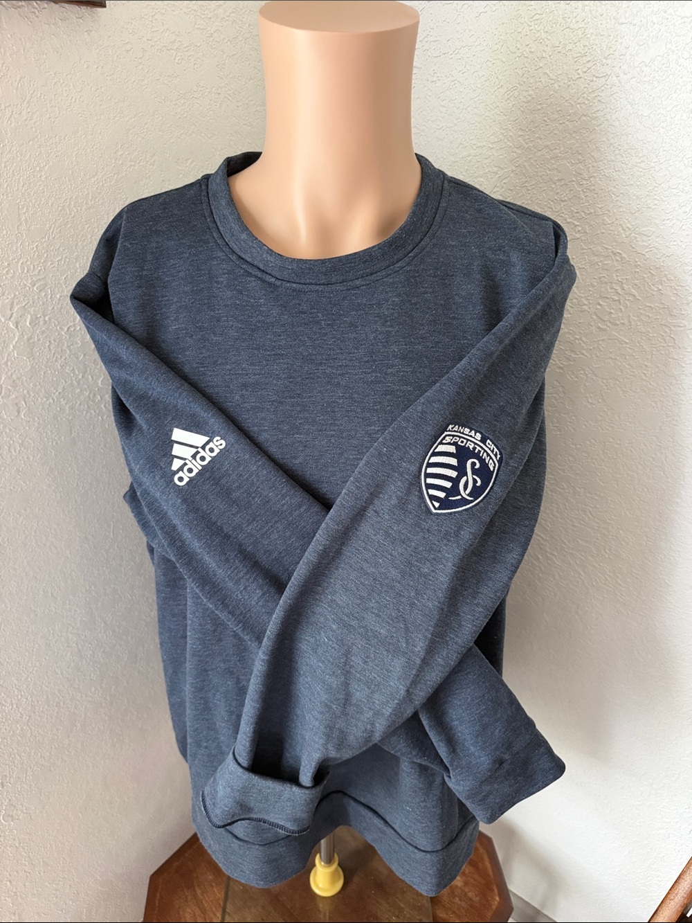adidas Sporting Kansas City Blue Heather Crewneck Sweatshirt with Sleeve logos